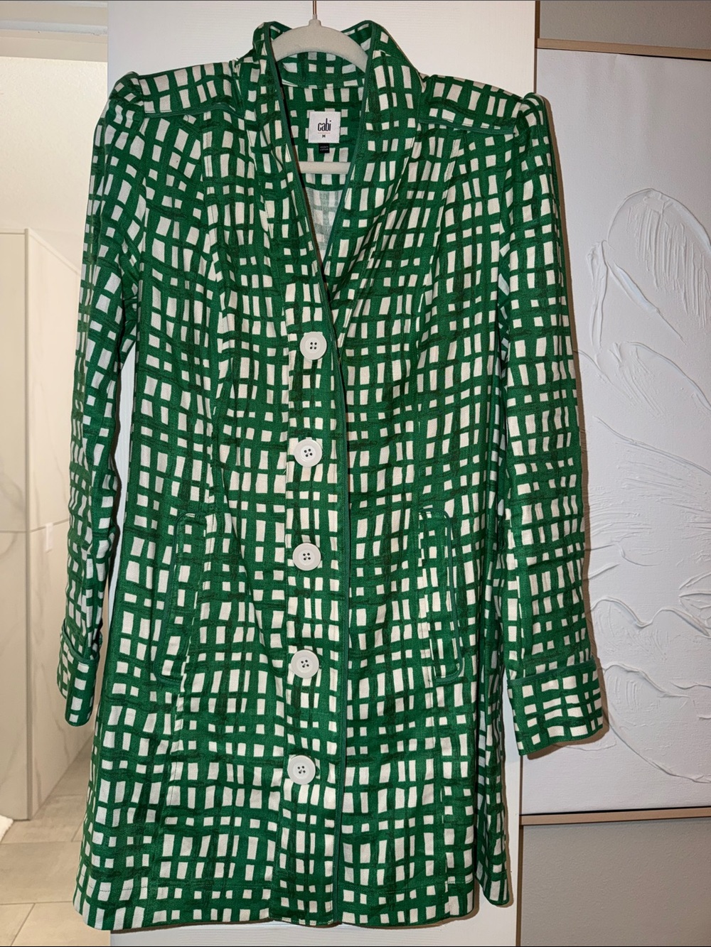 CAbi Circuit Jacket. Green and White Pattern. Like New Size Medium